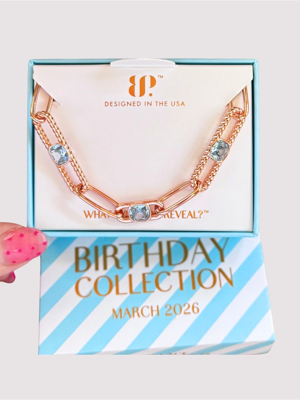 Bomb Party Rose Gold Link Necklace with Sky Blue Stones - Birthday Collection